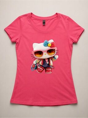 Pink Graphic Hello Cat Short Sleeve Tee